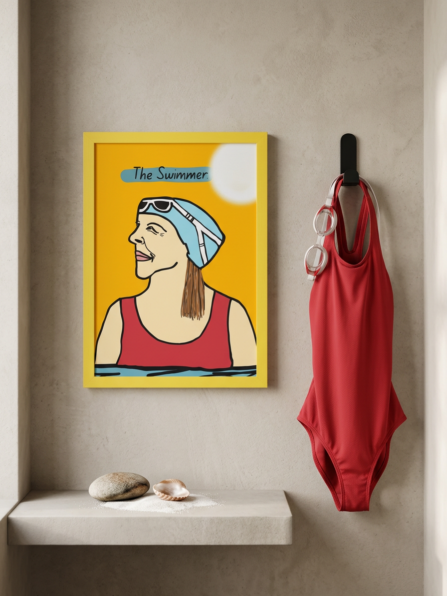 Red swimsuit hanging on a hook next to a framed artwork of a swimmer on a beige wall.