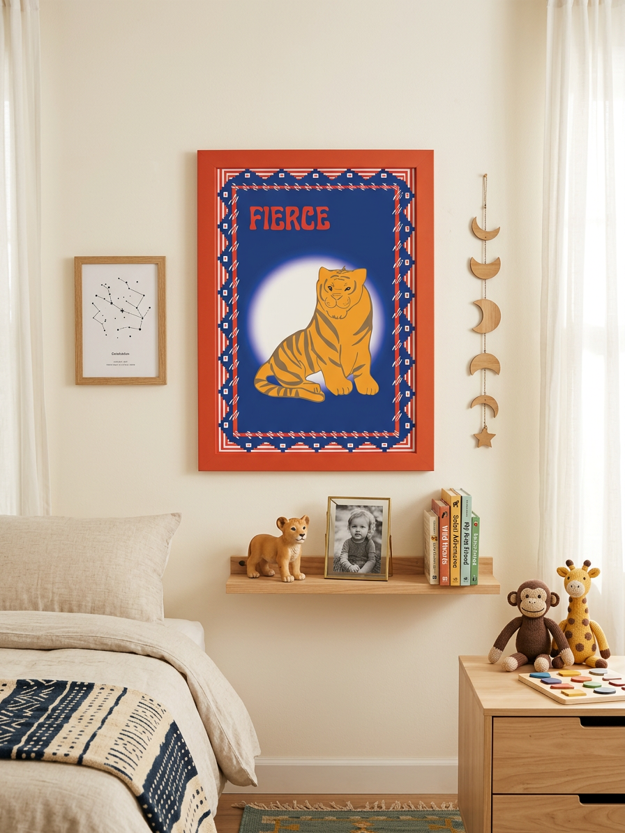 Children's room with a framed print of a colourful hand illustrated tiger, books, and toys on a shelf.
