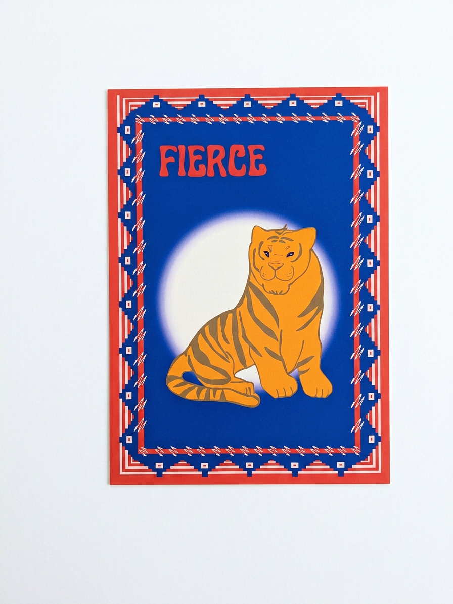 A unique tiger print, hand-drawn tiger with geometric border, 