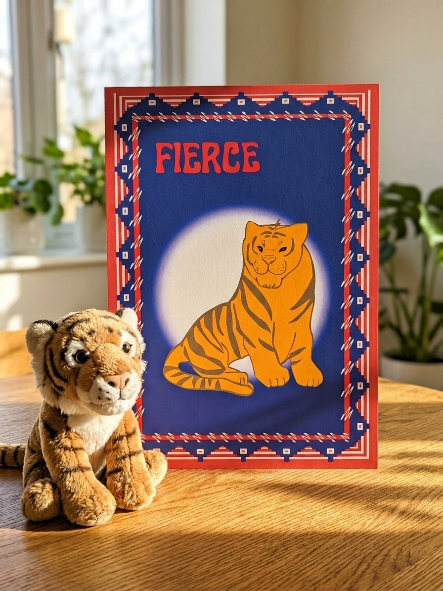 Stuffed tiger toy next to a framed illustration of a tiger with 'FIERCE' text on a wooden surface.