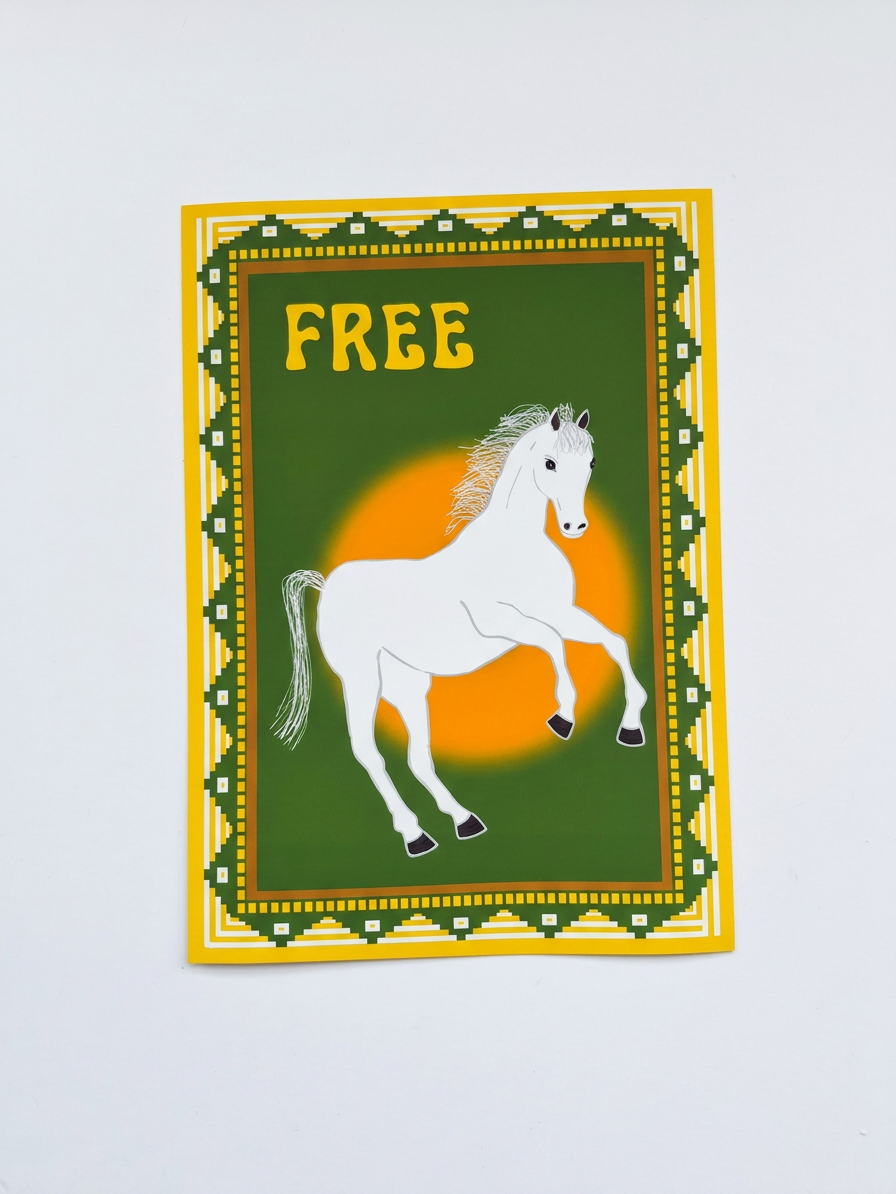 Poster with a white horse on a green background and 'FREE' text and a geometric background