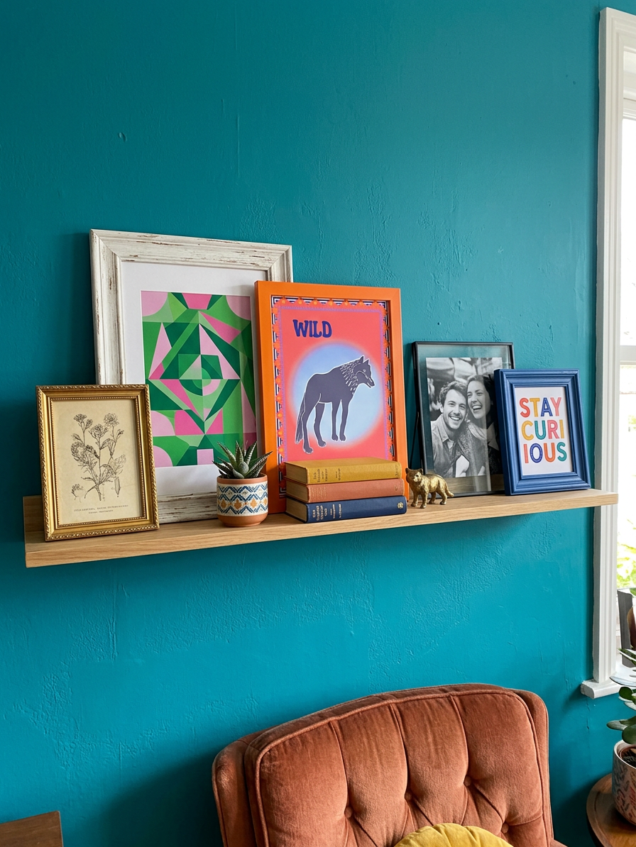 Decorative shelf with framed pictures against a teal wall.