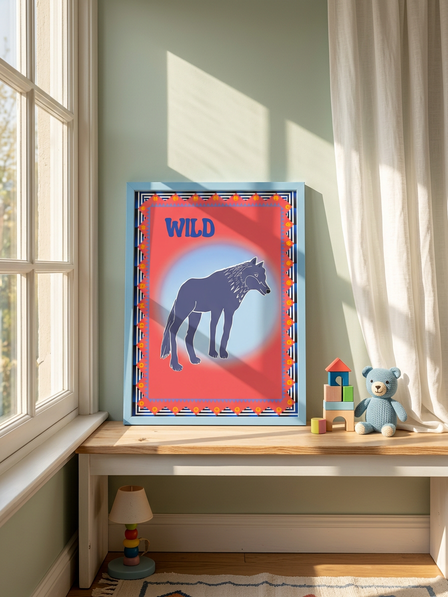 A hand illustrated wolf print with the word 'WILD' on a pink background with geometric border pattern. The picture is resting on a wooden table and is next to a sunny window