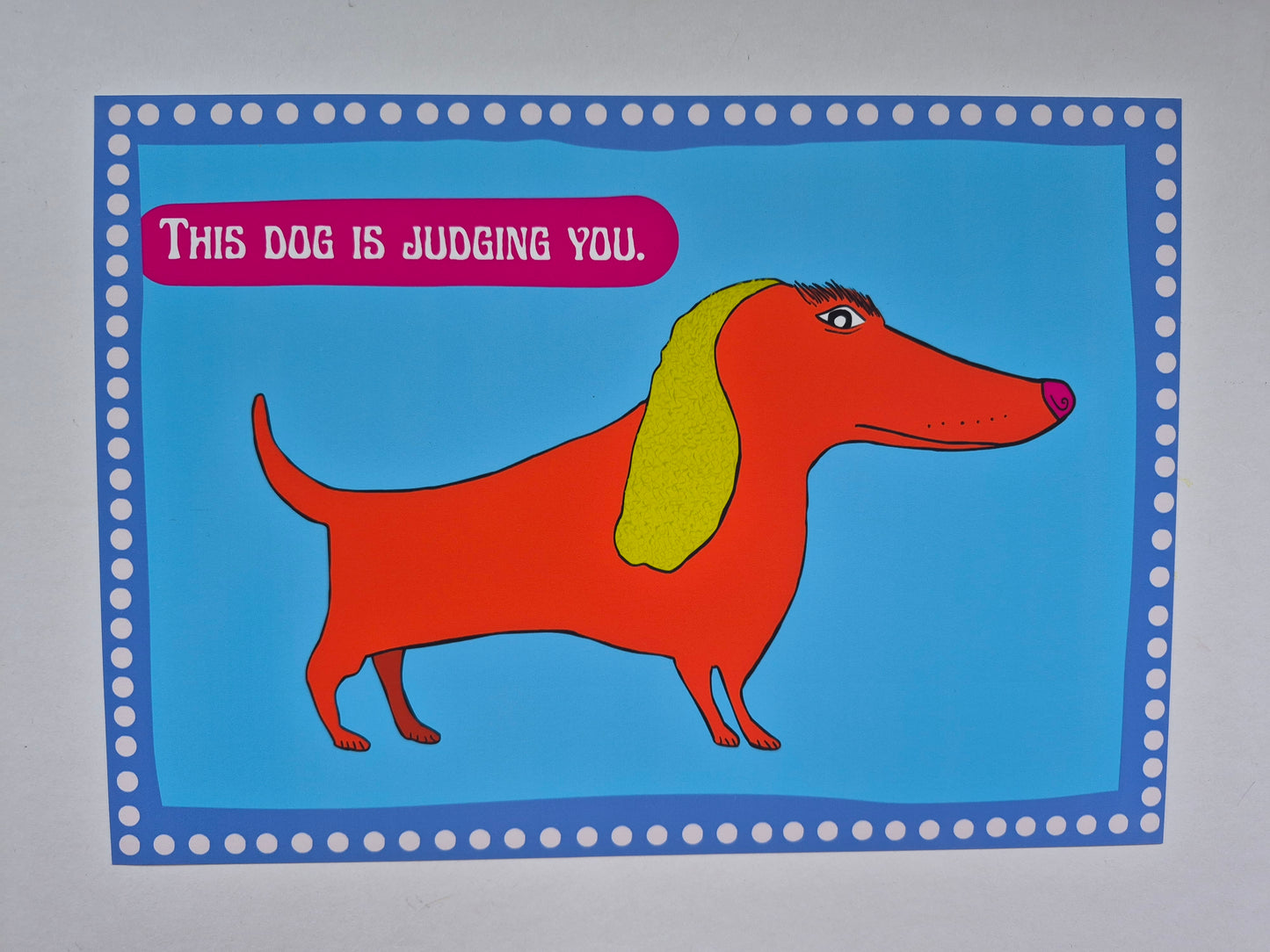 Dachshund illustration print, cartoon style on a blue background