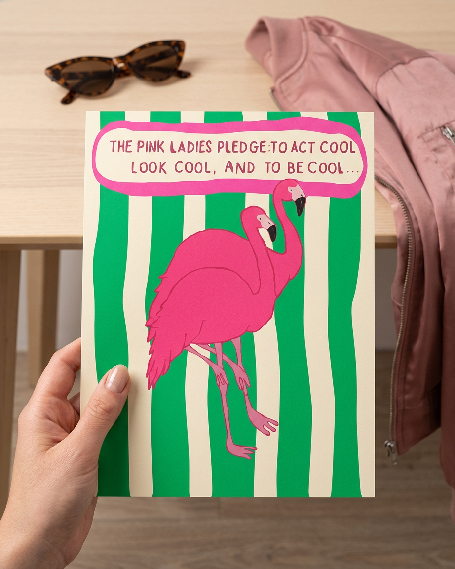Green and white striped flamingo print with film quote