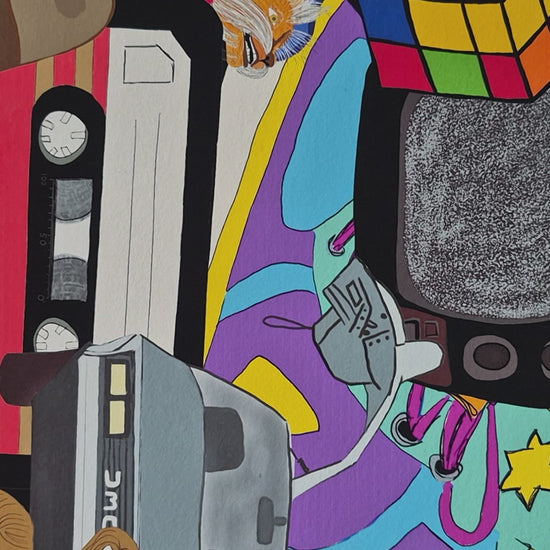Video showing an 80s college print in a yellow frame
