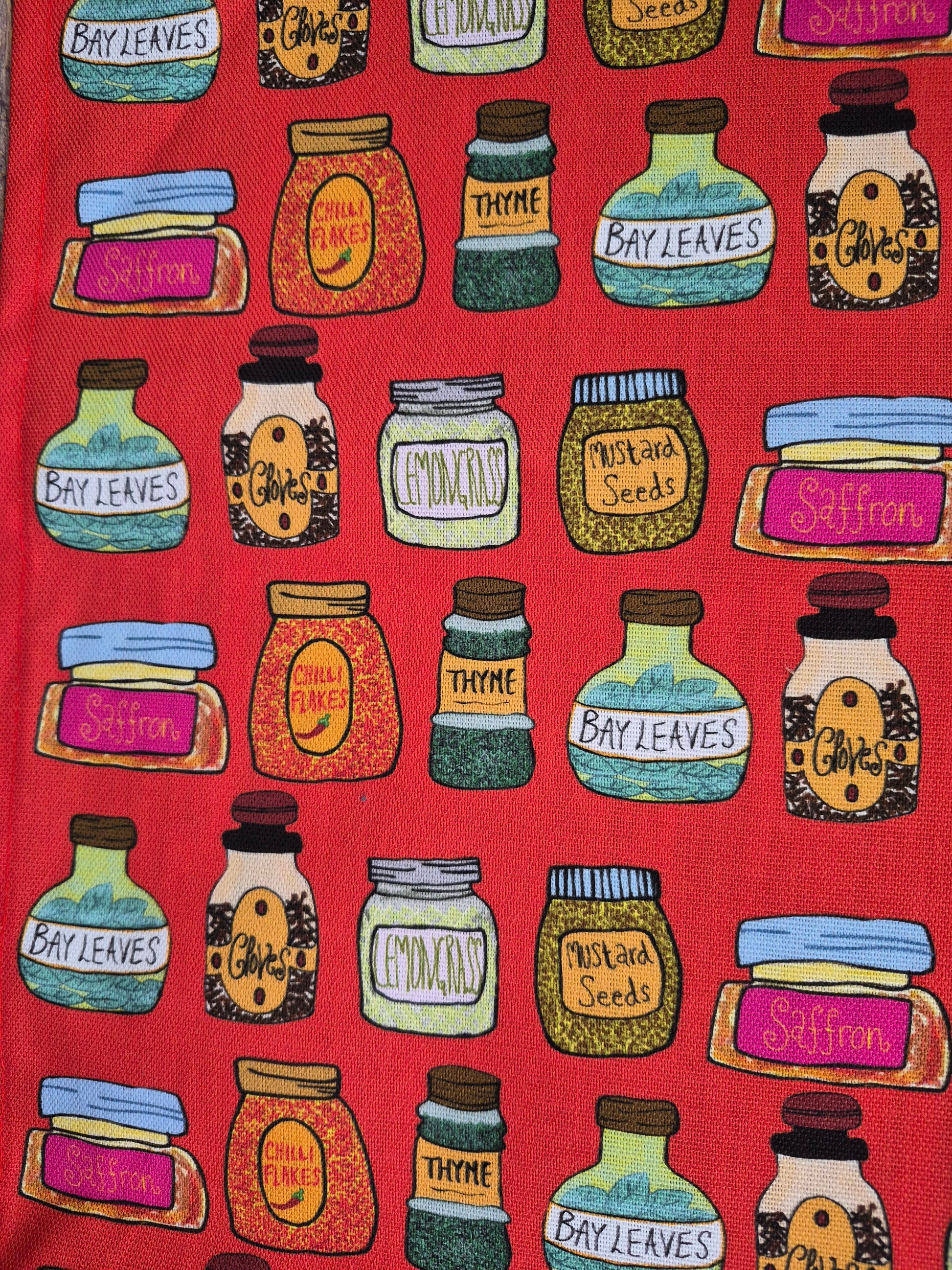 A close up of spice bottles illustrations on a red background