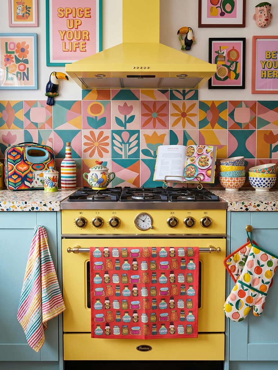 Red tea towel with spices print hanging on a yellow age in a dopamine style kitchen