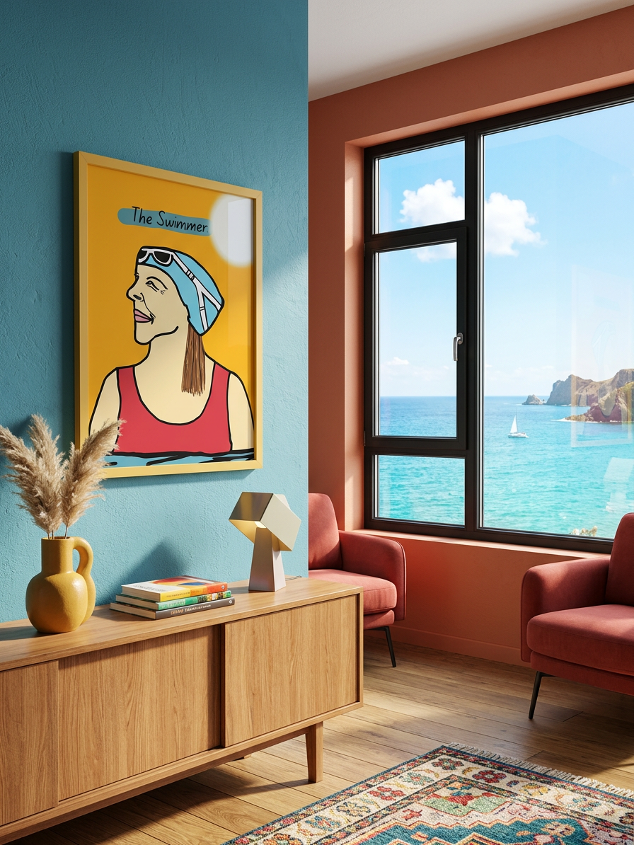Modern living room with a colourful print  of a female swimmer, wooden cabinet, and large window overlooking water.